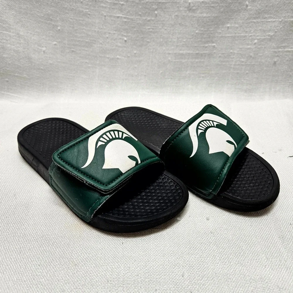 Michigan State Spartans Slides Adult Small Green White Spartan Helmet‎ Sandals